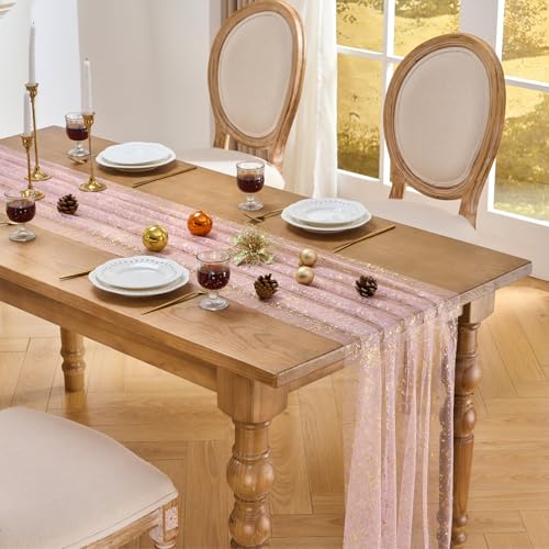 3 Pcs Pink Gold Glitter Tulle Table Runner 10ft for Wedding Party Decor