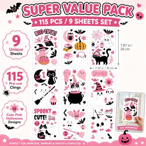 Pink Halloween Window Clings Set - 115 Reusable Spooky Decals for Glass