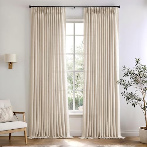 White Pinch Pleated Linen Curtains 84 Inch Long, 2 Panels - Ready to Hang