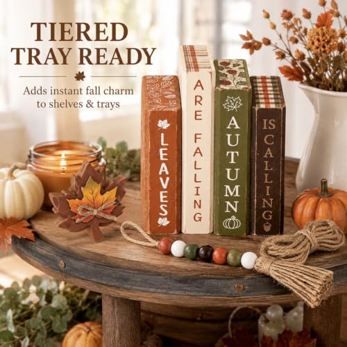 Rustic Maple Leaf Fall Wood Book Stack Table Decorations - Novabright 7 Pcs
