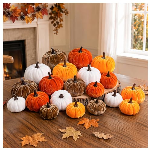 Fall Pumpkin Decor Set - 20 Velvet Artificial Pumpkins for Autumn Home Decorations