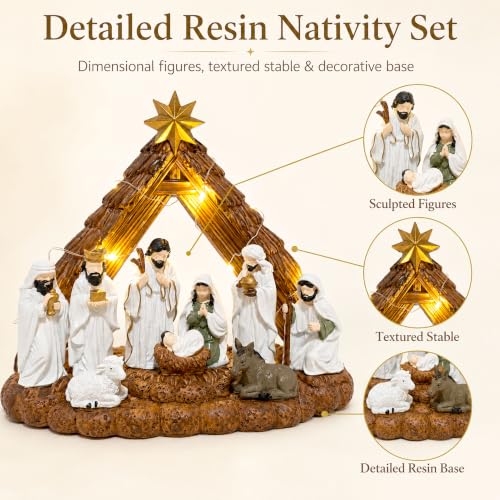 Lighted Nativity Set for Christmas - 10.2 Inch Resin Manger Scene with LED Lights