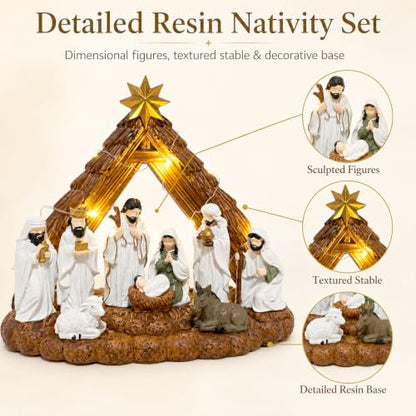 Lighted Nativity Set for Christmas - 10.2 Inch Resin Manger Scene with LED Lights