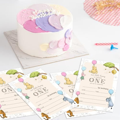 Winnie First Birthday Invitations Set with Envelopes - 25 Pack