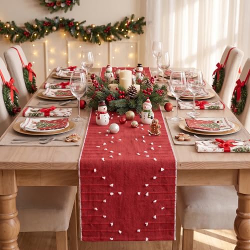 Red Farmhouse Rustic Cotton Woven Table Runner 12x36 Inch for Holiday & Home Decor