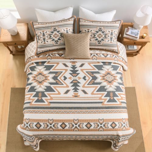 Queen Size Cotton Quilt Set with 2 Pillow Shams - Southwestern Aztec Design