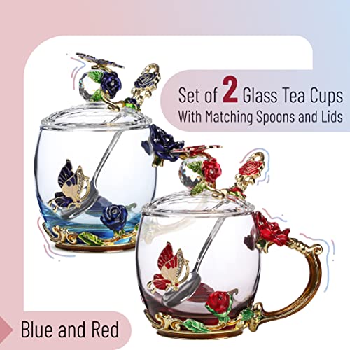 Glass Tea Cups Set with Lids and Spoons - 11 oz, Handmade, Gift Box