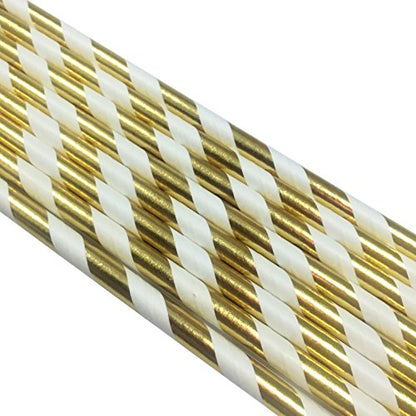 Gold and White Striped Paper Drinking Straws - 100 Count Disposable Party Cocktail Straws for Birthday Wedding Christmas Holiday - Variation of Gold White Striped