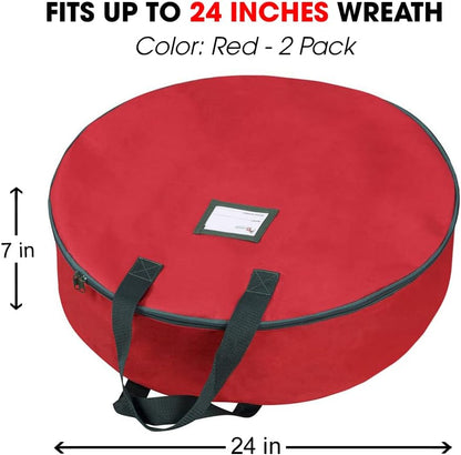 Primode Christmas Wreath Storage Bag - 24" Artificial Wreath Container with Sturdy Handles & Dual Zipper - Red (2 Pack)