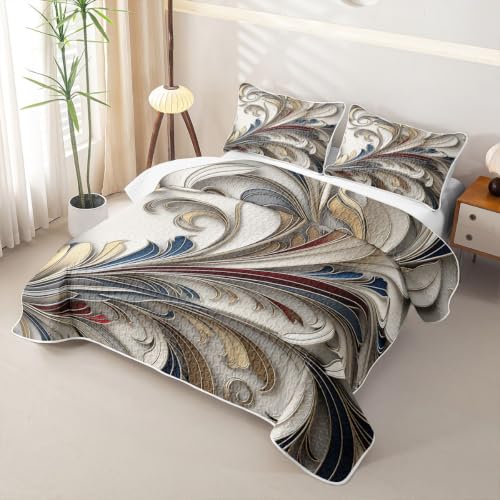King Size 3D Sculpted Plants Quilt Set White Gold Blue - All-Season Bedding