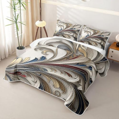King Size 3D Sculpted Plants Quilt Set White Gold Blue - All-Season Bedding
