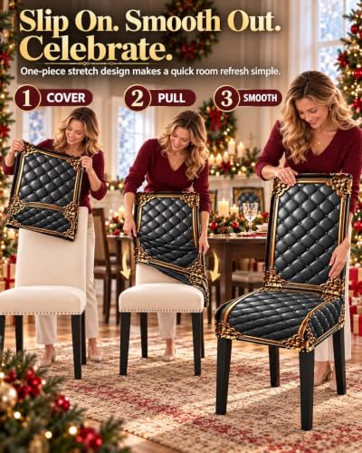 Washable Baroque Gilded Print Dining Chair Cover - Stretch Fit, Set of 4