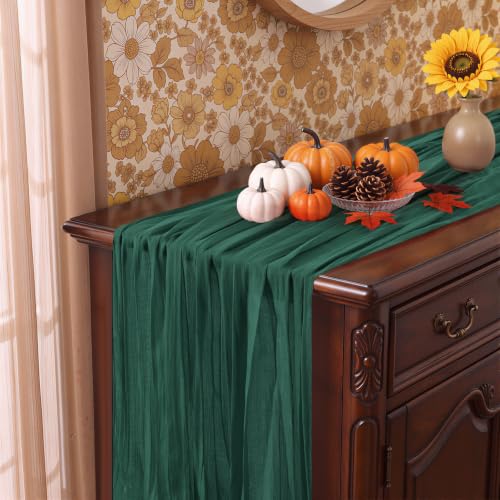 Emerald Green Cheesecloth Table Runner 35x120 Inch Boho Rustic Decor - 3 Pcs
