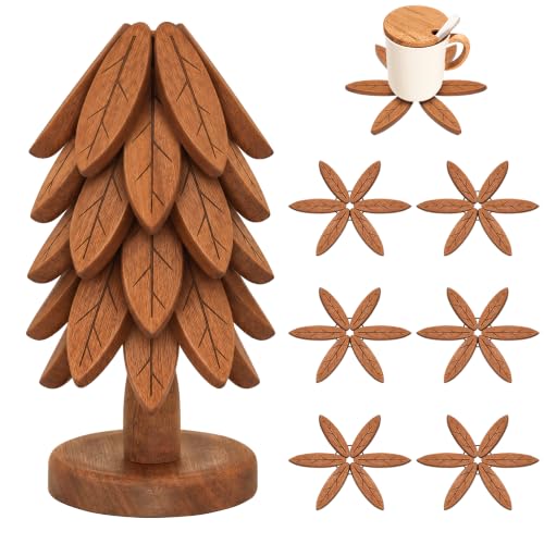 Wooden Tree-Shaped Trivet Set with Stand – 6 Pcs, Kitchen Hot Dish Protector