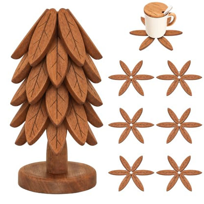 Wooden Tree-Shaped Trivet Set with Stand – 6 Pcs, Kitchen Hot Dish Protector