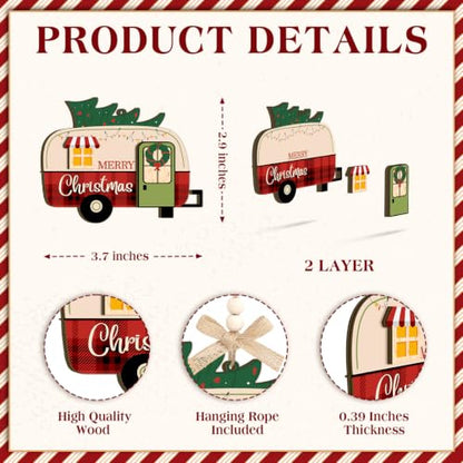 Christmas Wooden Camper Ornament - Rustic Holiday Travel Decor