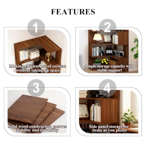 Walnut 6-Tier Corner Bookshelf Tall L-Shaped Bookcase for Home Office and Living Room