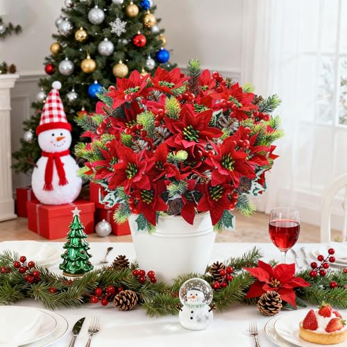 Artificial Christmas Poinsettia Flowers with Red Berries - Red & Green, 12 Pcs