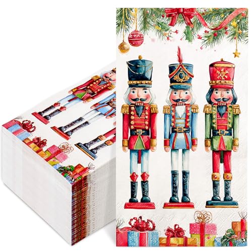 Red Disposable Christmas Guest Napkins - Nutcracker & Pine Branch Design, 50 Pack