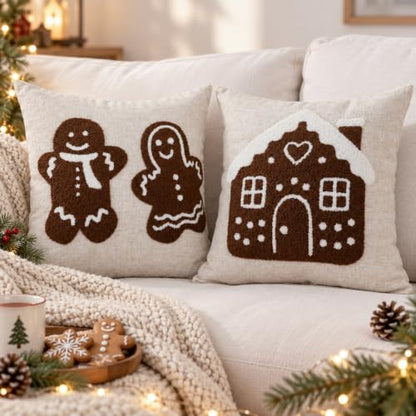 Gingerbread House Christmas Throw Pillow Cover 18x18 - Brown & White, Pack of 1