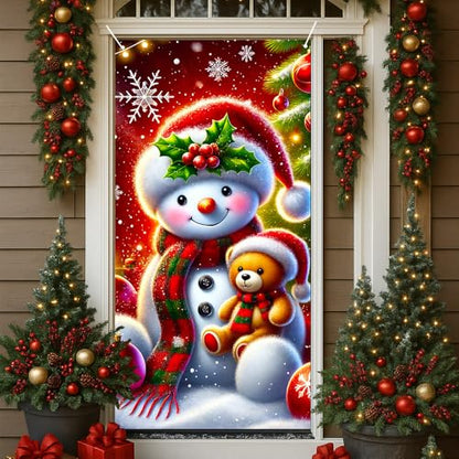 Christmas Snowman Door Cover 35x71 Inch Holiday Banner with Teddy Bear - Colorful Banner #02