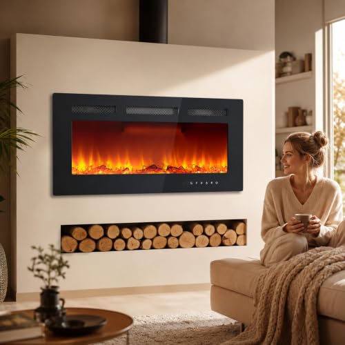 36 Inch Electric Fireplace Insert with Remote Control - Recessed or Wall Mount