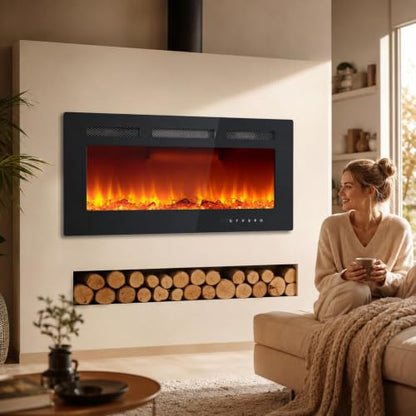 36 Inch Electric Fireplace Insert with Remote Control - Recessed or Wall Mount