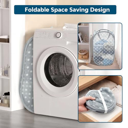 Gray Collapsible Mesh Laundry Basket 75L with Dot Print & Side Pocket