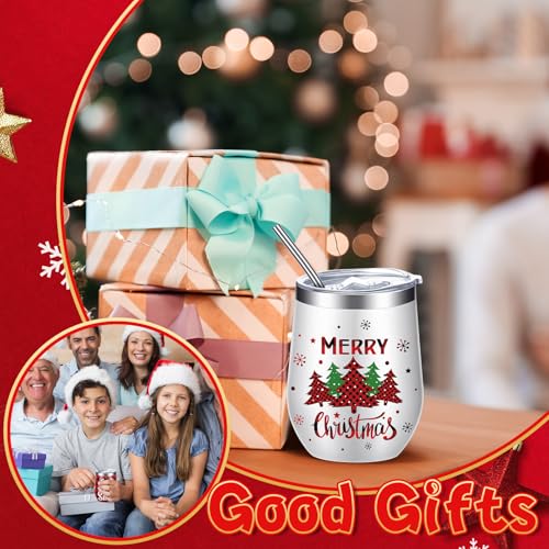 Ziliny Christmas Wine Tumbler Set with Lid & Straws - Plaid Style, 6 Pieces