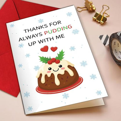 Thanks For Pudding Up With Me Card Xmas18 Funny Food Pun Holiday Card