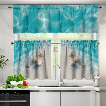 Beach Kitchen Curtains Tier and Valance Set 3 Pieces - 27.5W x 24L