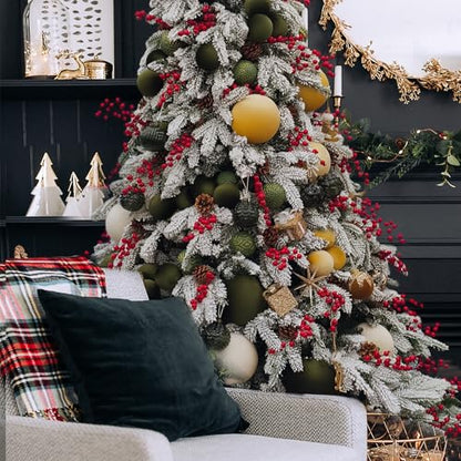 Velvet Christmas Ornaments Set - Large Flocked Shatterproof Baubles in Gold, Green, White, 3 Inch / 8 cm
