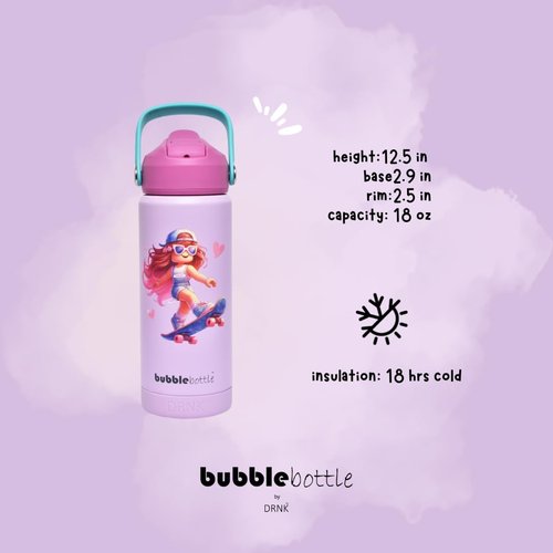 DRNK Bubblebottle - 18oz Insulated Stainless Steel Water Bottle with Straw | Leak-Proof Kids Bottle for Sports & School