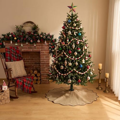 Scalloped Christmas Tree Skirt Linen Burlap 36 Inch Farmhouse Rustic Decor