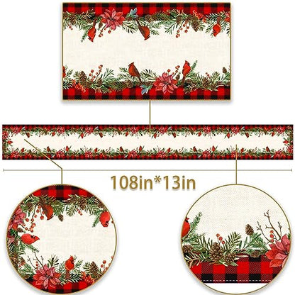 Holiday Christmas Table Runner 13x108 Inch Buffalo Plaid Poinsettia Holly