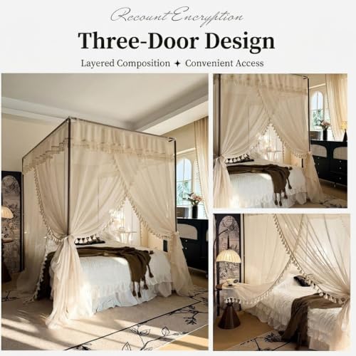 Canopy Bed Curtains with Bohemian Tassel Pendant Cotton Yarn - Beige / 1.5x2M