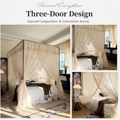 Canopy Bed Curtains with Bohemian Tassel Pendant Cotton Yarn - Beige / 1.5x2M