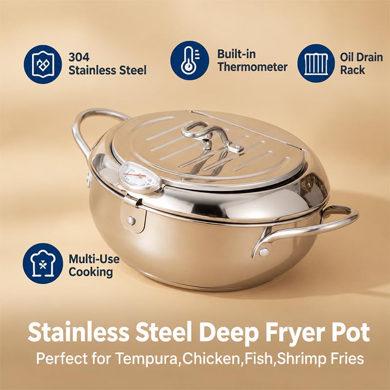 11-Inch Stainless Steel Deep Fryer Pot with Thermometer & Splash Lid - ROVIA