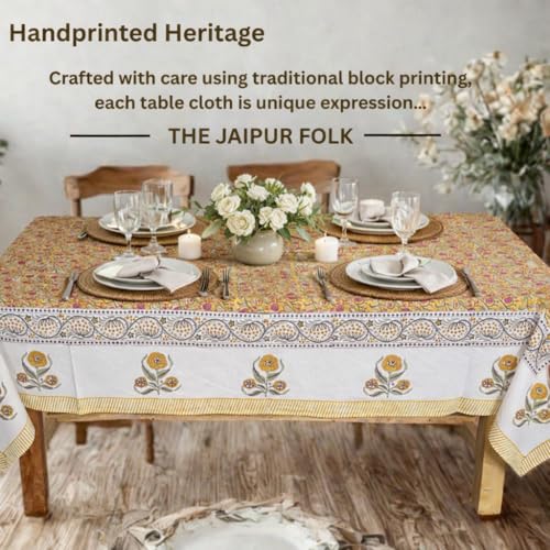 Pink Yellow Floral Rectangle Cotton Tablecloth 72x120 Inch Hand Block Printed Fall & Festive Decor