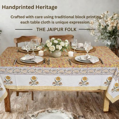 Pink Yellow Floral Rectangle Cotton Tablecloth 72x120 Inch Hand Block Printed Fall & Festive Decor
