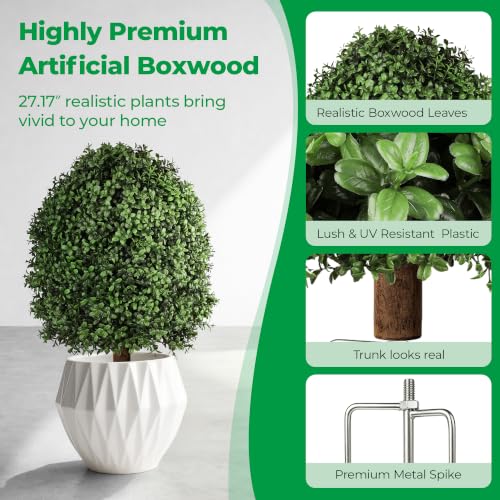 Artificial Boxwood Topiary Bush Set - 2 Pack 27 Inch Outdoor Faux Greenery with Metal Ground Spikes