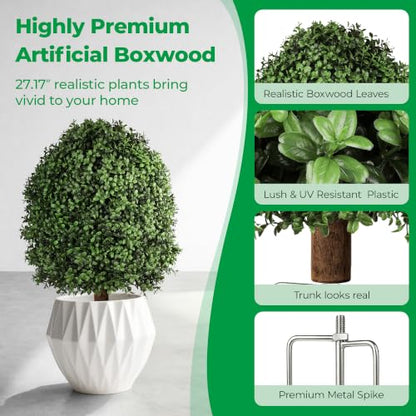 Artificial Boxwood Topiary Bush Set - 2 Pack 27 Inch Outdoor Faux Greenery with Metal Ground Spikes