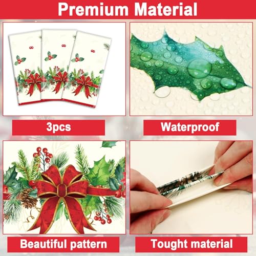 Christmas Tablecloth Holly and Pine Cone Waterproof Holiday Table Cover 108x54 Inch - 3 Pieces