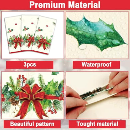 Christmas Tablecloth Holly and Pine Cone Waterproof Holiday Table Cover 108x54 Inch - 3 Pieces
