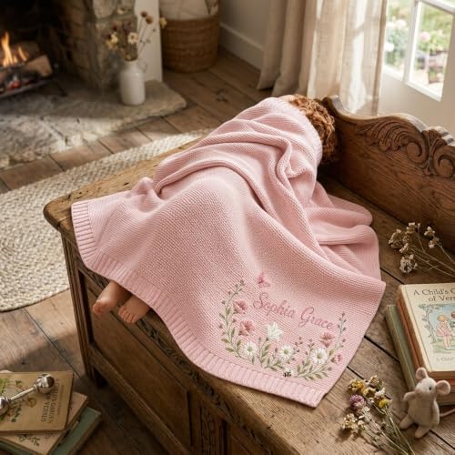 Personalized Baby Blanket with Embroidered Name and Floral Bunny Design - Style 5