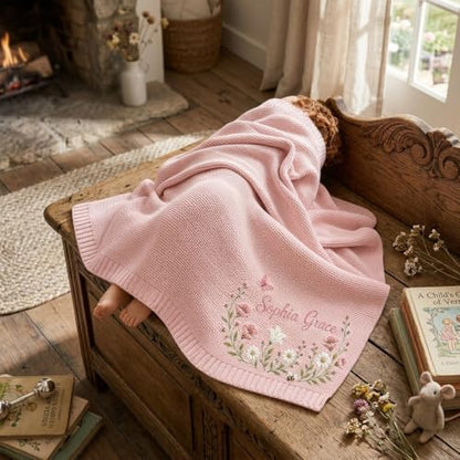 Personalized Baby Blanket with Embroidered Name and Floral Bunny Design - Style 5