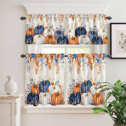 Navy Blue Pumpkin Fall Kitchen Curtain Set - Small Half Curtains with Valance, 24 Inch Length - Pack of 3
