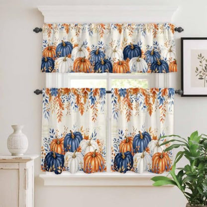 Navy Blue Pumpkin Fall Kitchen Curtain Set - Small Half Curtains with Valance, 24 Inch Length - Pack of 3