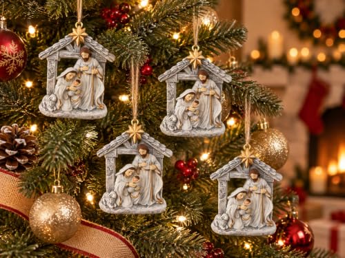 4 Grey Nativity Holy Family Resin Ornaments Christmas Set - Manger Scene