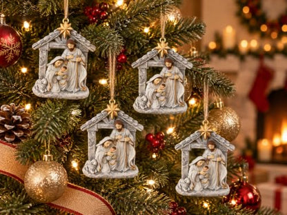 4 Grey Nativity Holy Family Resin Ornaments Christmas Set - Manger Scene